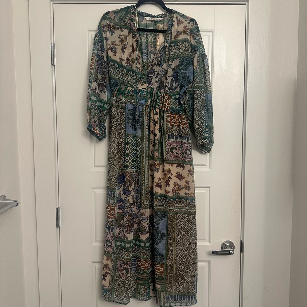 Zara Green and Brown Wrap Sundress with Bishop Sleeves
